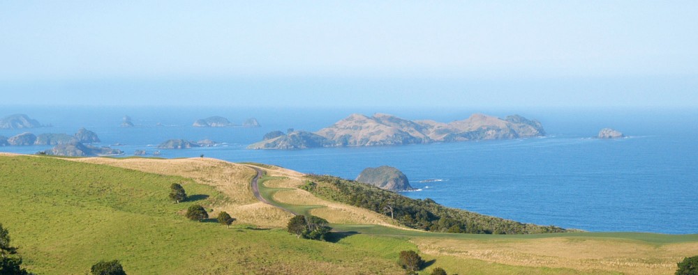 Kauri Cliffs golf course from Eagles Nest, Russell, Bay of Islands, New Zealand
